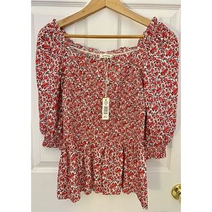 Max Studio Smocked Elbow Sleeve Top - White and Red Floral